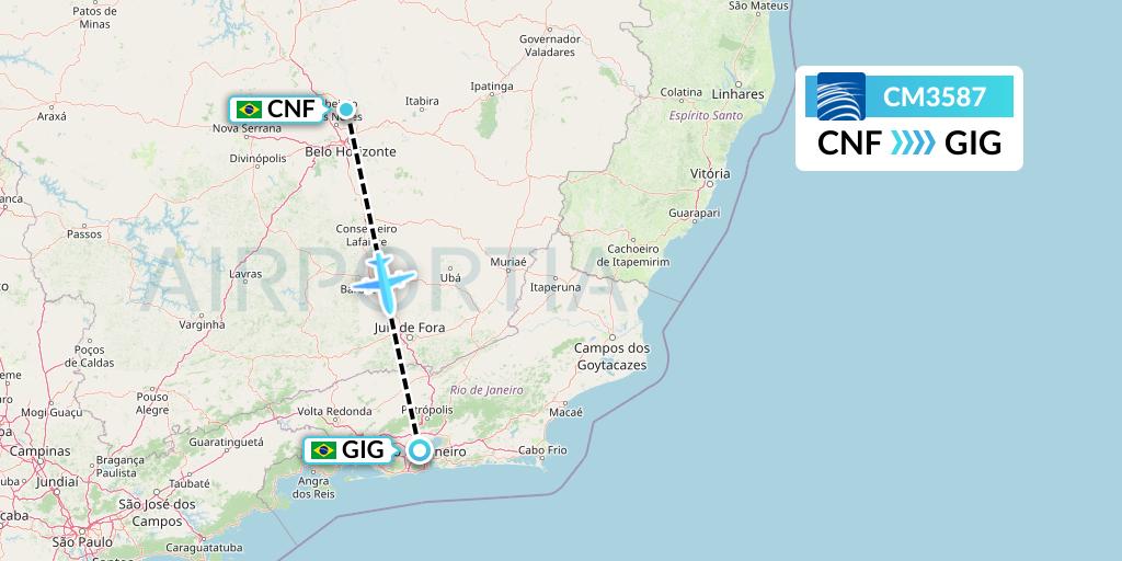 CM3587 Copa Airlines Flight Map: Belo Horizonte to Rio de Janeiro