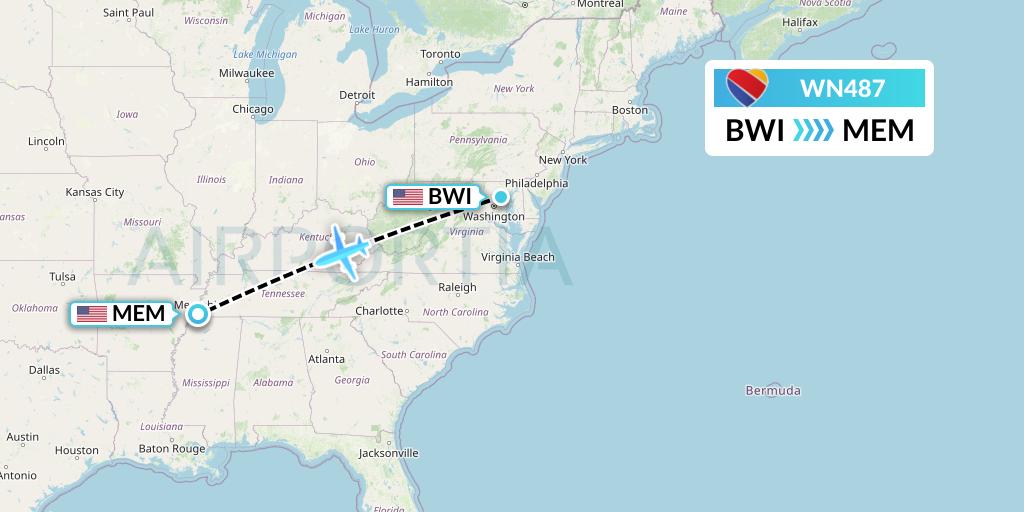 WN487 Southwest Airlines Flight Map: Baltimore to Memphis