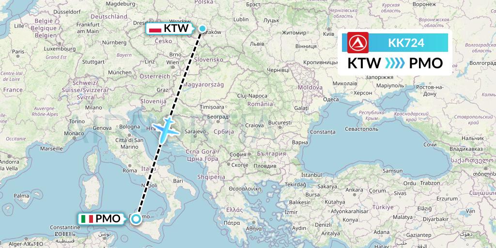 KK724 Atlasjet Flight Map: Katowice to Palermo