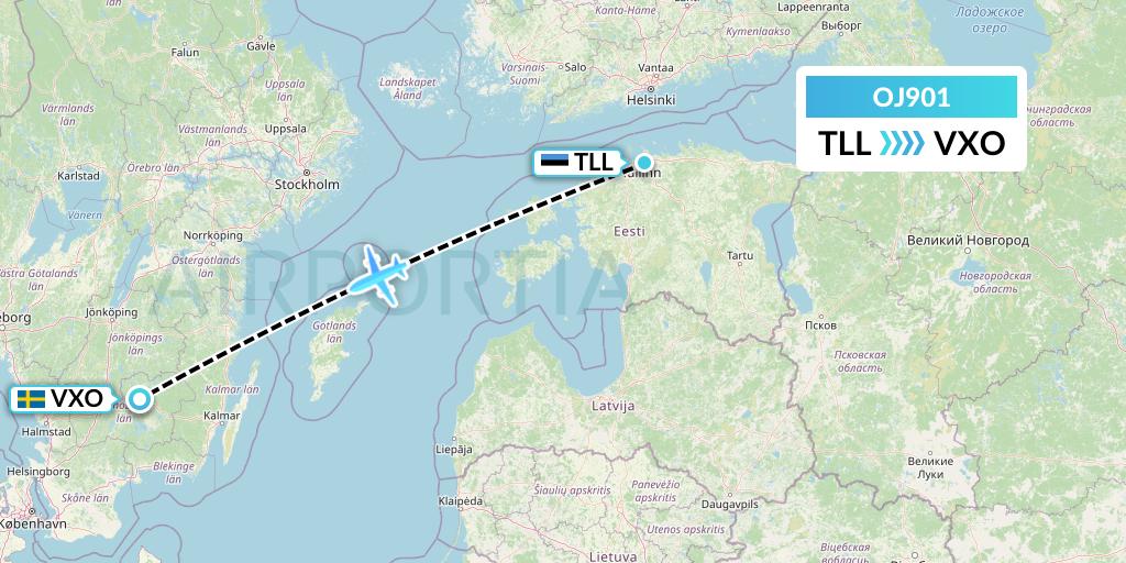 OJ901 NyxAir Flight Map: Tallinn to Vaxjo