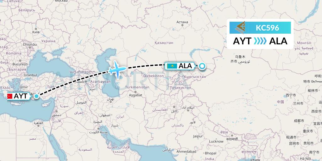 KC596 Air Astana Flight Map: Antalya to Almaty