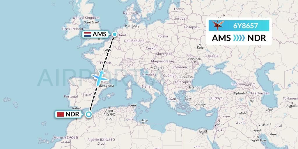 6Y8657 SmartLynx Flight Map: Amsterdam to Nador