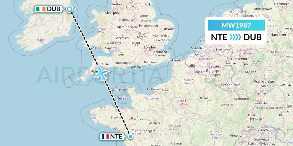 MW1987 Mokulele Flight Service Flight Map: Nantes to Dublin