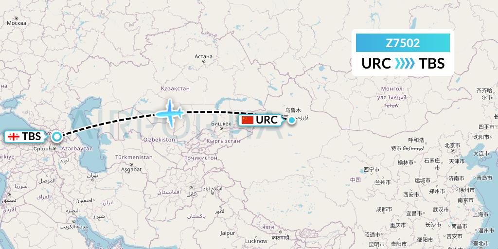 Z7502 Fly Africa Zimbabwe Flight Map: Urumqi to Tbilisi