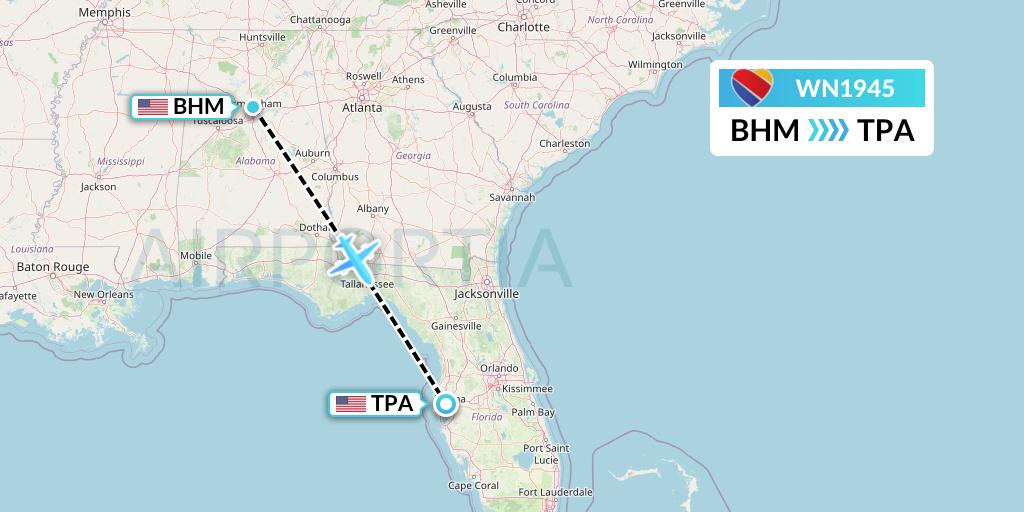 WN1945 Southwest Airlines Flight Map: Birmingham to Tampa