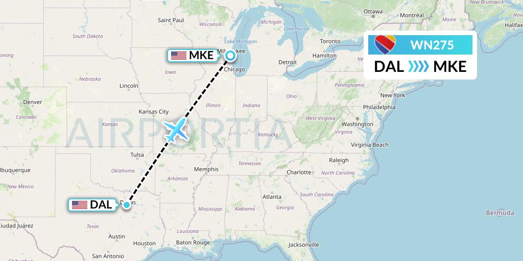 WN275 Southwest Airlines Flight Map: Dallas to Milwaukee