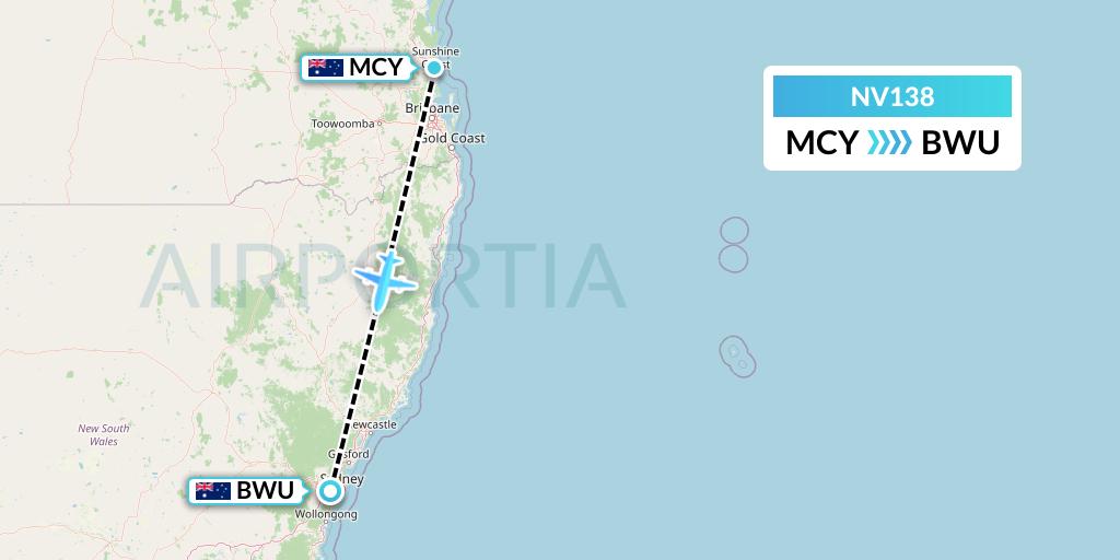 NV138 Naft Airlines Flight Map: Sunshine Coast to Bankstown