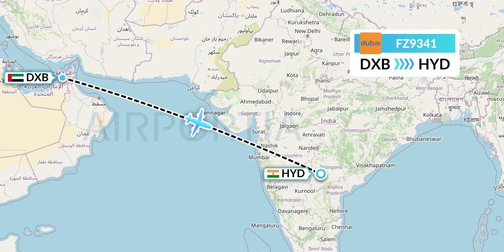 FZ9341 FlyDubai Flight Map: Dubai to Hyderabad