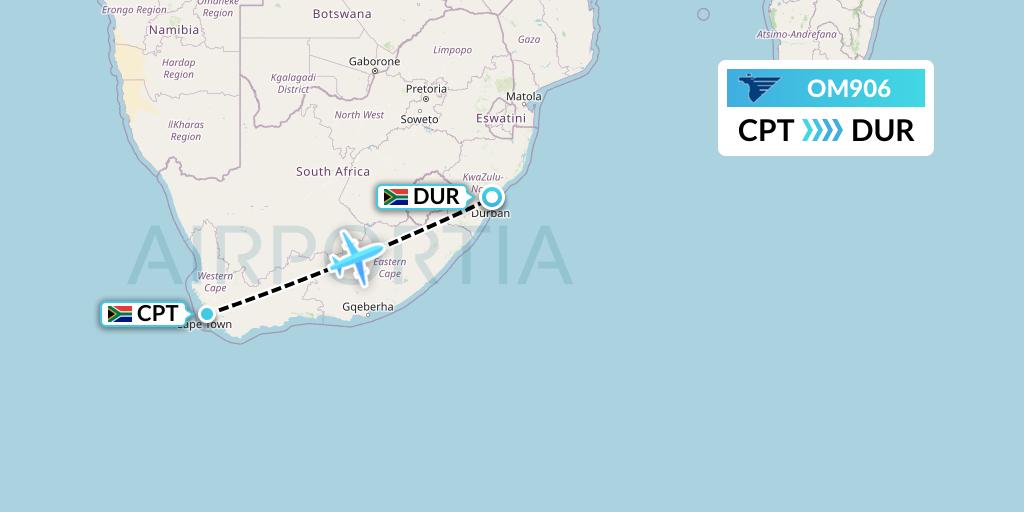 OM906 MIAT Mongolian Airlines Flight Map: Cape Town to Durban