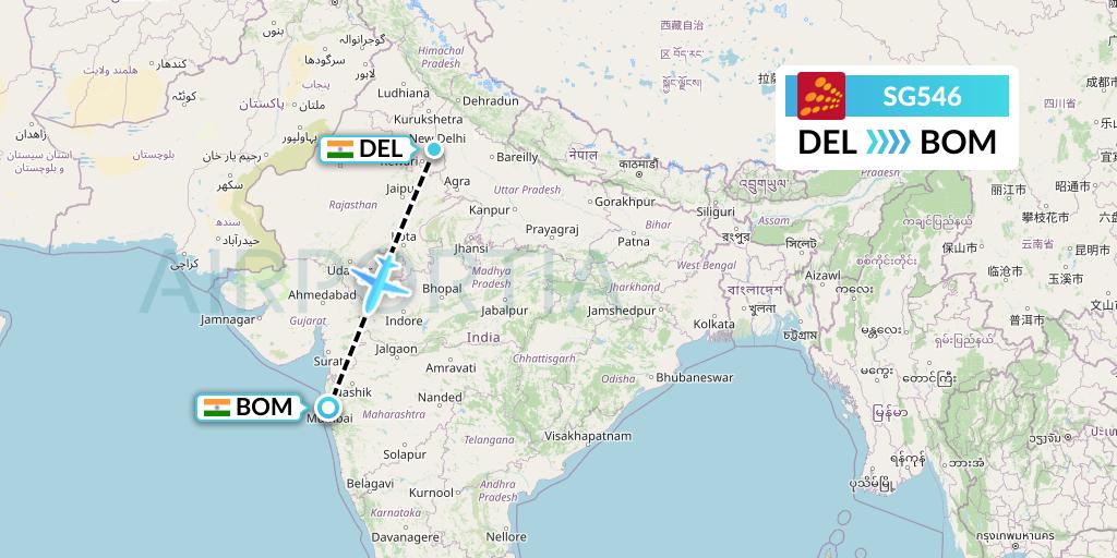 SG546 SpiceJet Flight Map: Delhi to Mumbai
