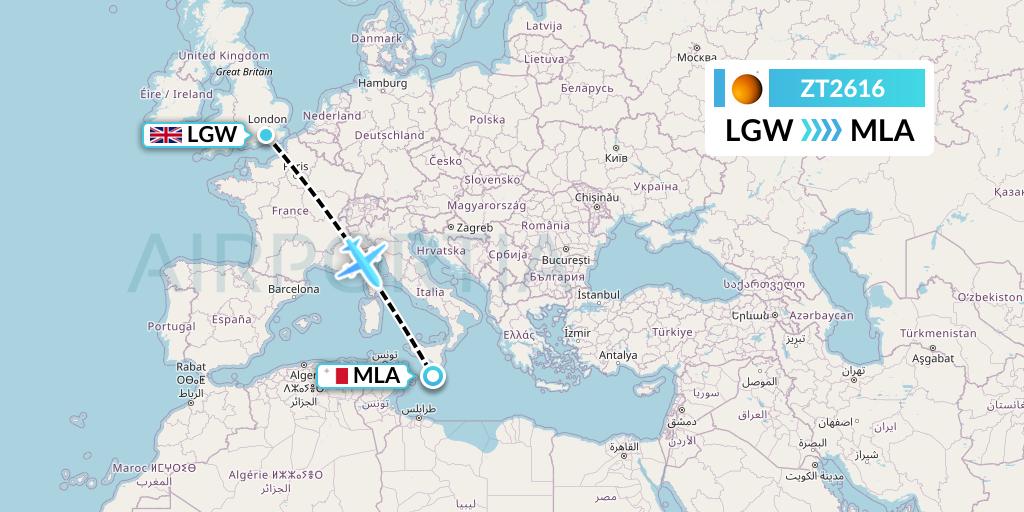 ZT2616 Titan Airways Flight Map: London to Malta