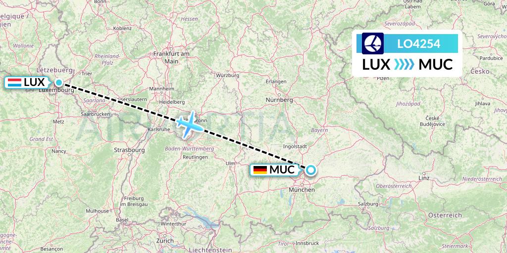 LO4254 LOT Flight Map: Luxembourg to Munich