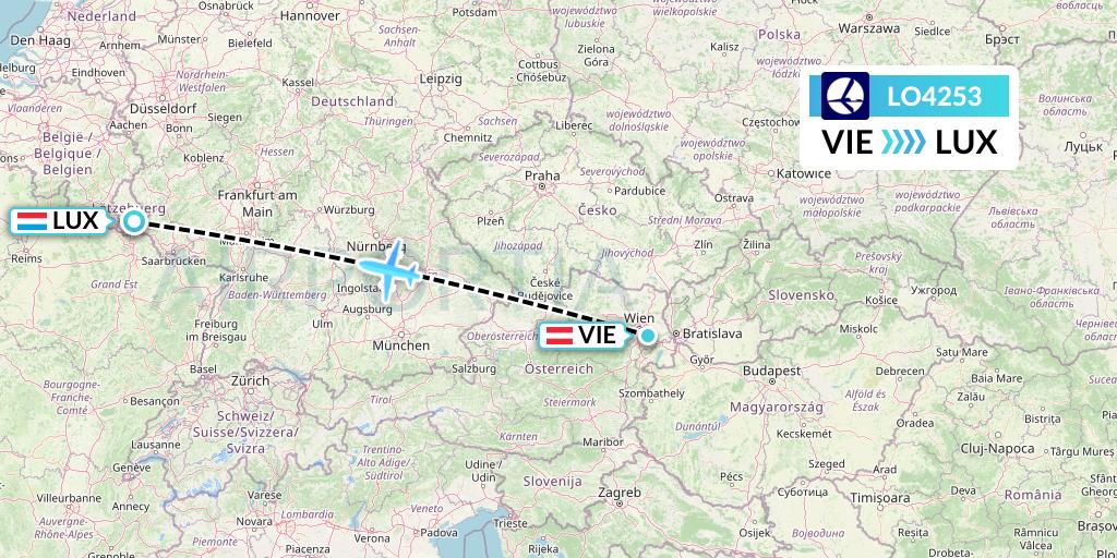 LO4253 LOT Flight Map: Vienna to Luxembourg