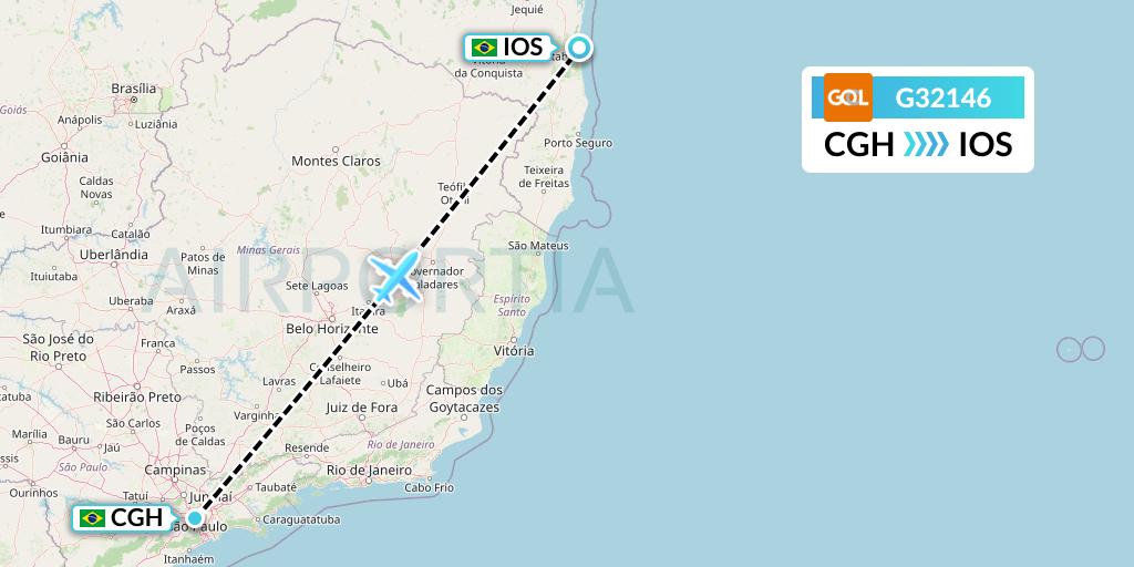 G32146 GOL Transportes Aeros Flight Map: Sao Paulo to Ilheus