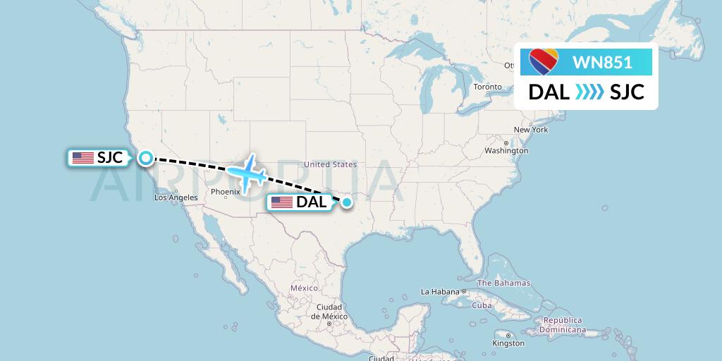WN851 Southwest Airlines Flight Map: Dallas to San Jose