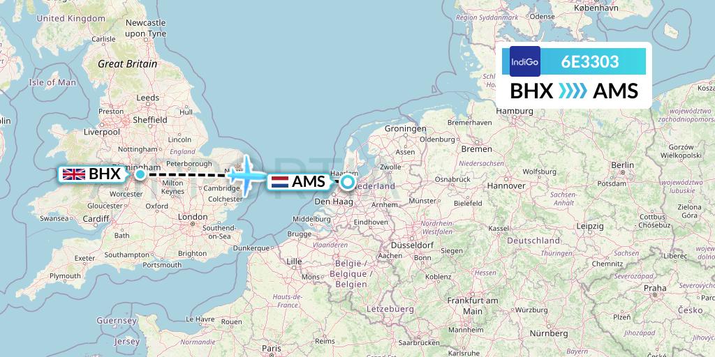 6E3303 IndiGo Airlines Flight Map: Birmingham to Amsterdam