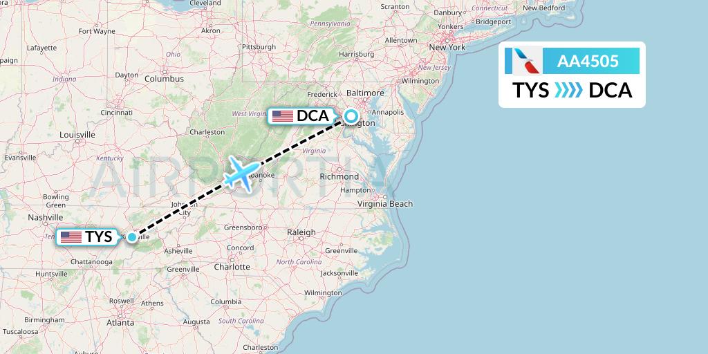 AA4505 American Airlines Flight Map: Knoxville to Washington
