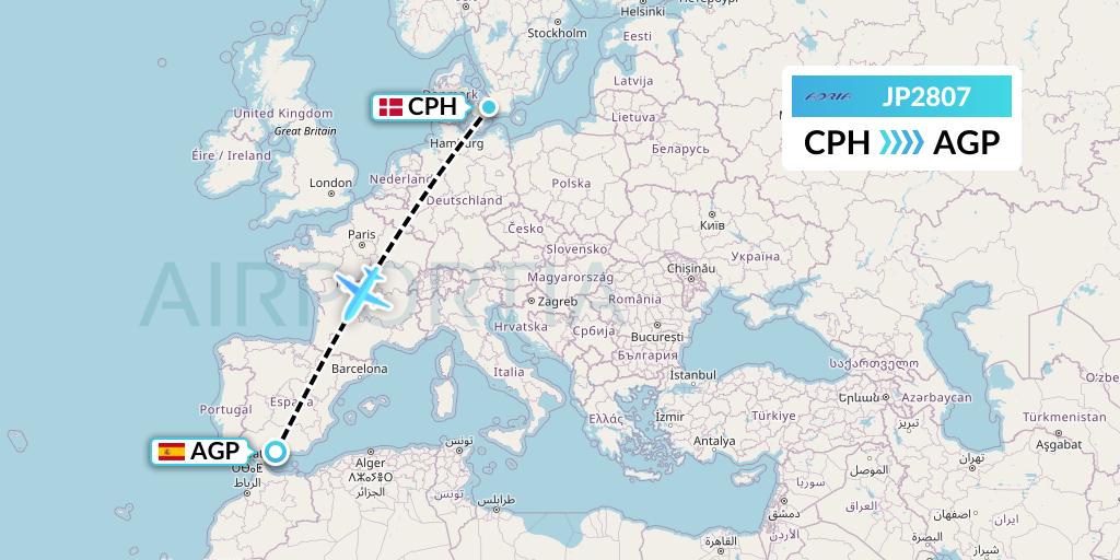 JP2807 Adria Airways Flight Map: Copenhagen to Malaga