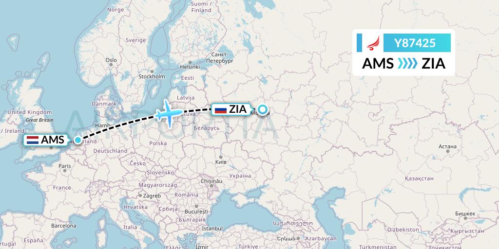 Y87425 Yangtze River Express Flight Map: Amsterdam to Moscow