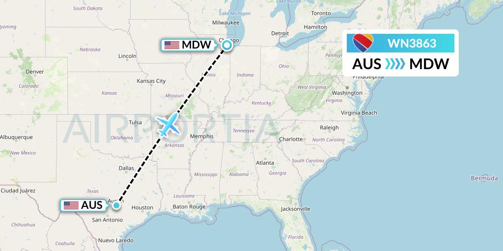 WN3863 Southwest Airlines Flight Map: Austin to Chicago