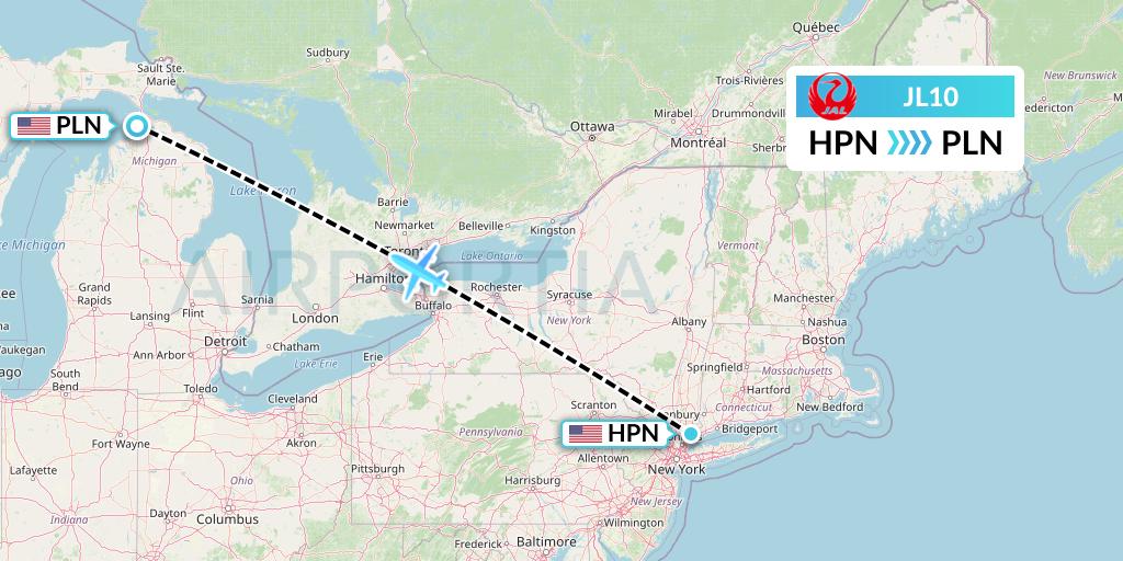 JL10 Japan Airlines Flight Map: White Plains to Pellston