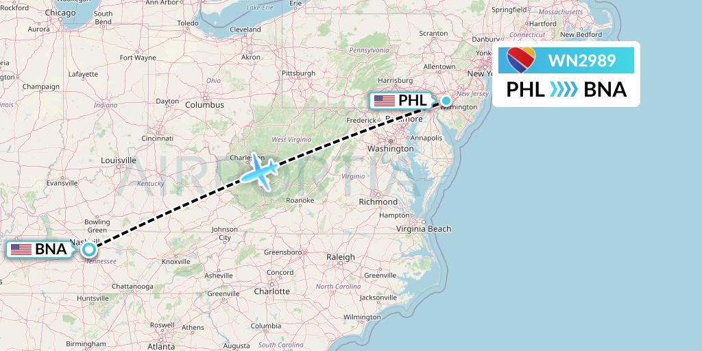 WN2989 Southwest Airlines Flight Map: Philadelphia to Nashville