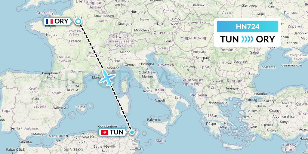 HN724 Uab Heston Airlines Jsc Heston Airl Flight Map: Tunis to Paris