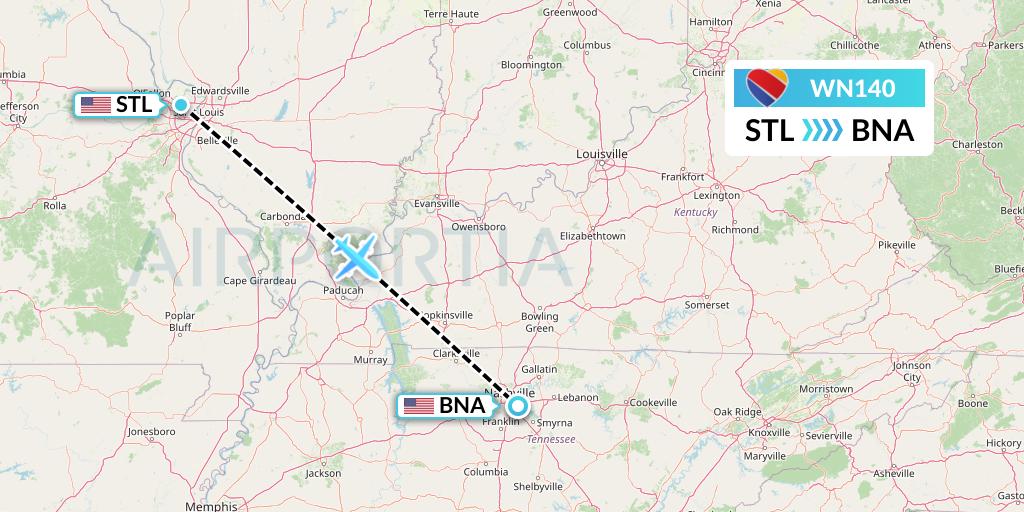 WN140 Southwest Airlines Flight Map: St. Louis to Nashville