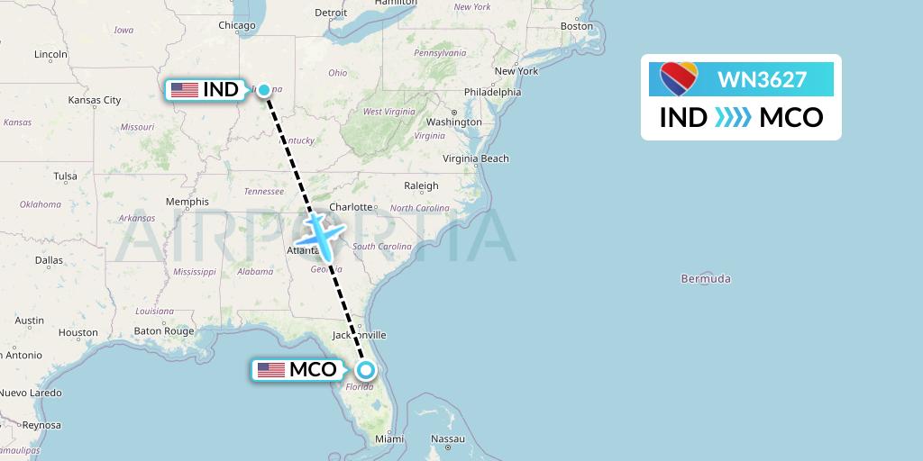WN3627 Southwest Airlines Flight Map: Indianapolis to Orlando
