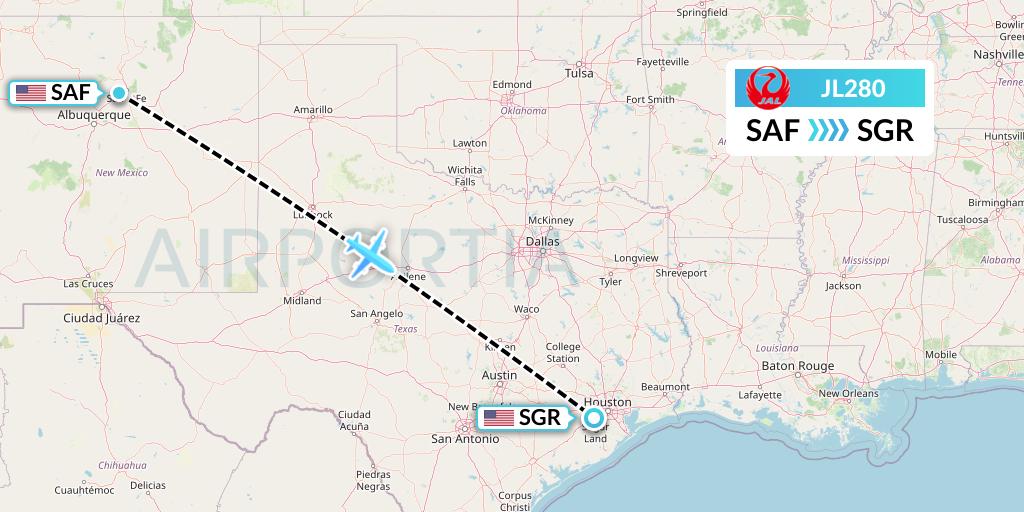 JL280 Japan Airlines Flight Map: Santa Fe to Sugar Land