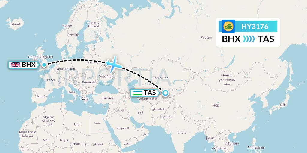 HY3176 Uzbekistan Airways Flight Map: Birmingham to Tashkent