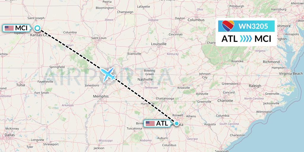 WN3205 Southwest Airlines Flight Map: Atlanta to Kansas City