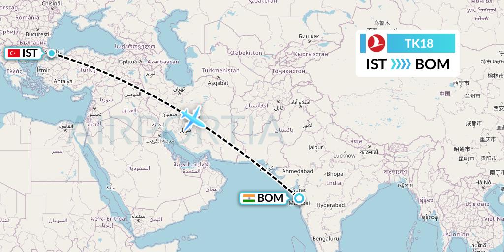 TK18 Turkish Airlines Flight Map: Istanbul to Mumbai