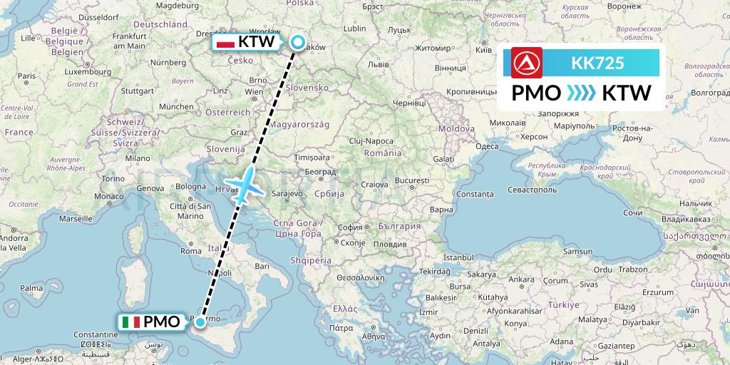 KK725 Atlasjet Flight Map: Palermo to Katowice