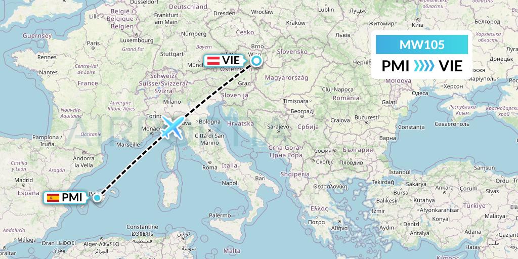 MW105 Mokulele Flight Service Flight Map: Palma de Mallorca to Vienna