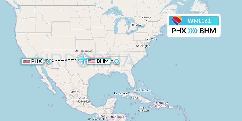 WN1161 Southwest Airlines Flight Map: Phoenix to Birmingham