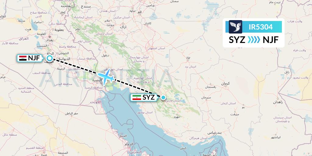 IR5304 Iran Air Flight Map: Shiraz to Najaf