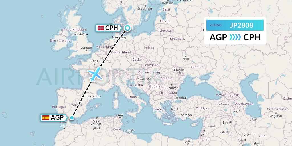 JP2808 Adria Airways Flight Map: Malaga to Copenhagen