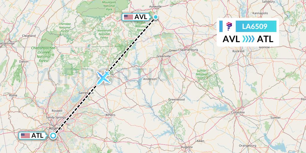 LA6509 LAN Airlines Flight Map: Asheville to Atlanta