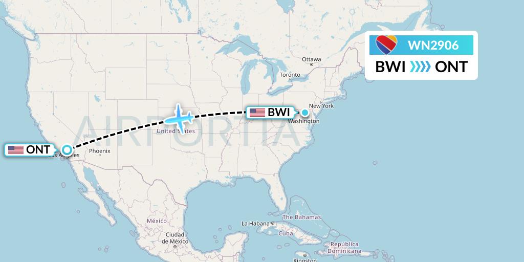 WN2906 Southwest Airlines Flight Map: Baltimore to Ontario