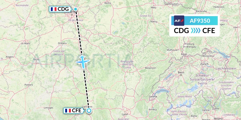 AF9350 Air France Flight Map: Paris to Clermont-Ferrand