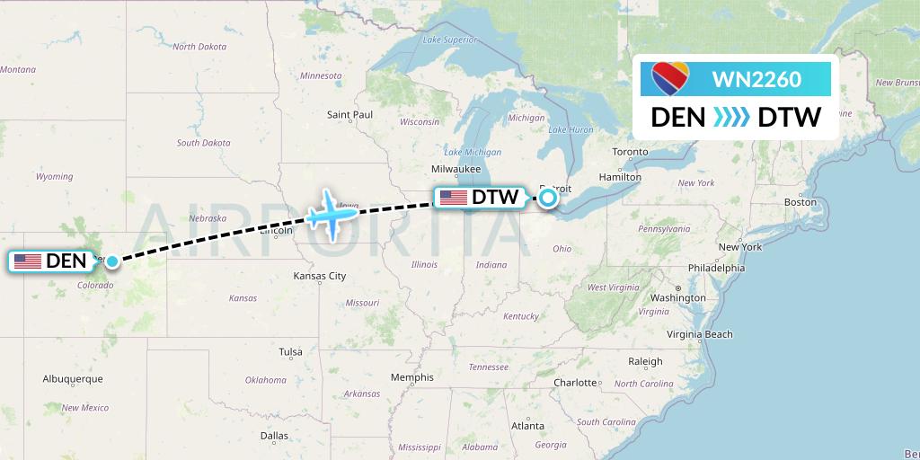 WN2260 Southwest Airlines Flight Map: Denver to Detroit