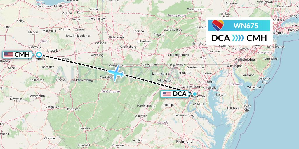 WN675 Southwest Airlines Flight Map: Washington to Columbus