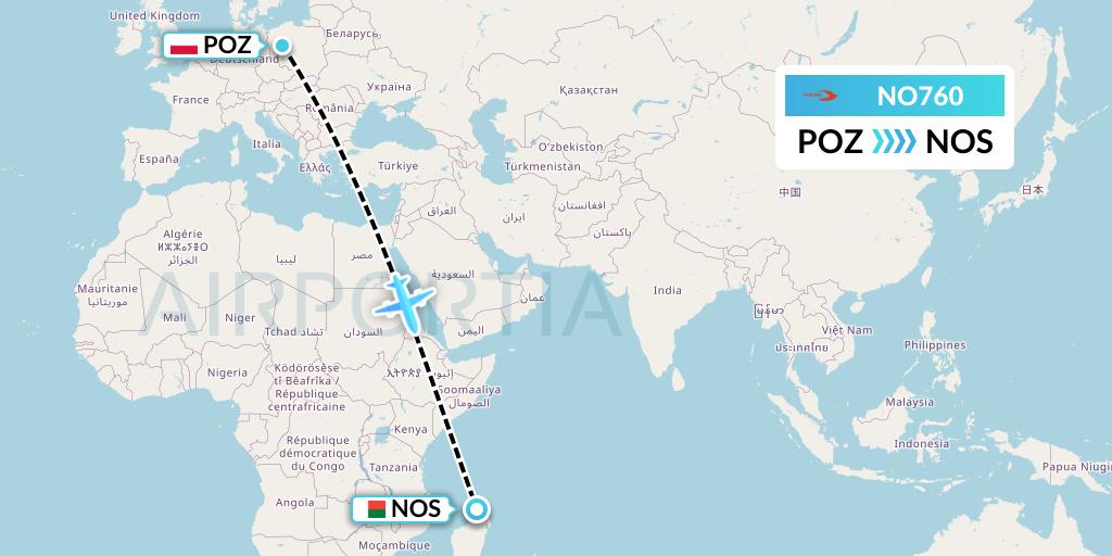 NO760 Neos Flight Map: Poznan to Nosy Be