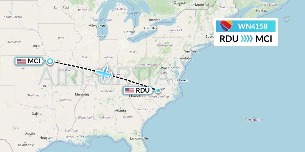 WN4158 Southwest Airlines Flight Map: Raleigh-Durham to Kansas City