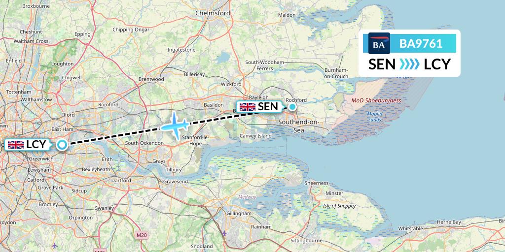 BA9761 British Airways Flight Map: Southend to London