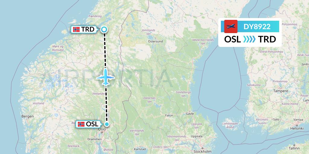 DY8922 Norwegian Flight Map: Oslo to Trondheim