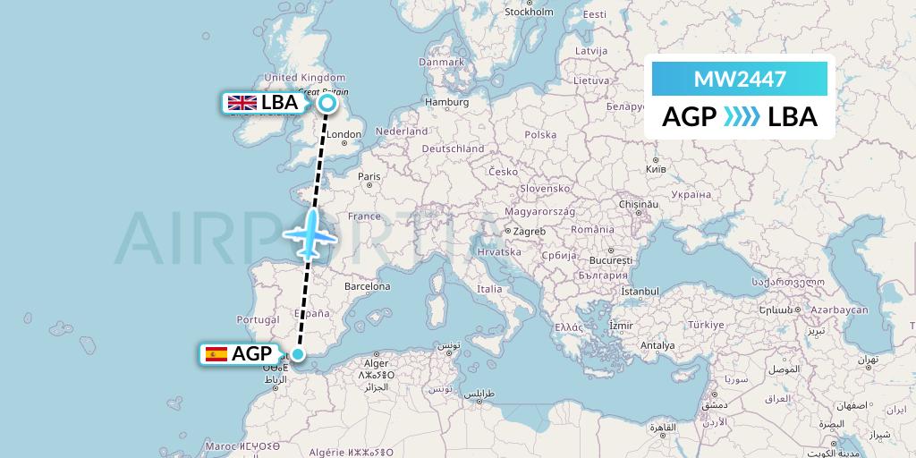MW2447 Mokulele Flight Service Flight Map: Malaga to Leeds