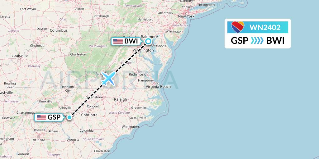 WN2402 Southwest Airlines Flight Map: Greenville-Spartanburg to Baltimore