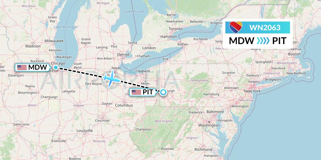 WN2063 Southwest Airlines Flight Map: Chicago to Pittsburgh